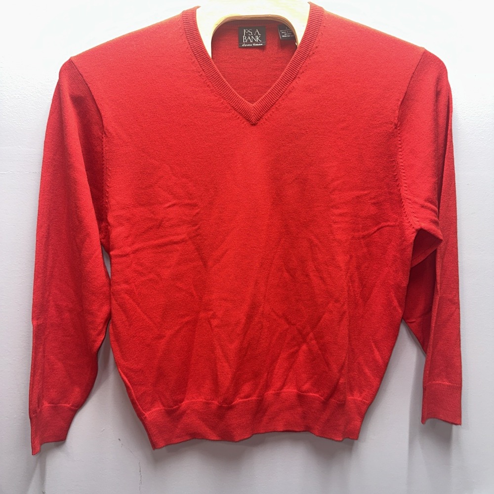 Jos A Bank Signature Collection Red Merino Wool V-Neck Sweater Mens Large NEW